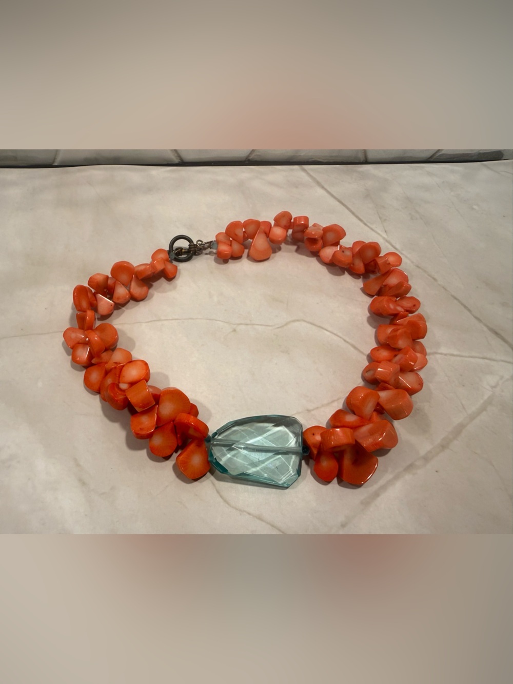 Ali & Bird Salmon Coral Cluster Statement Necklace Ice Blue Crystal Tear 18 Inch
